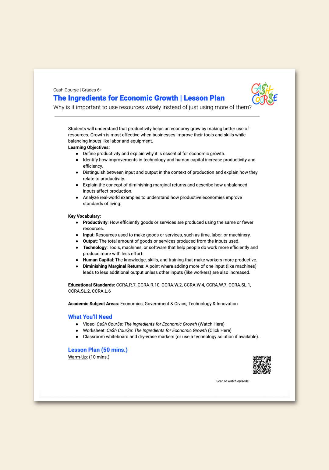 "Cash Course: The Ingredients for Economic Growth" Lesson Plan