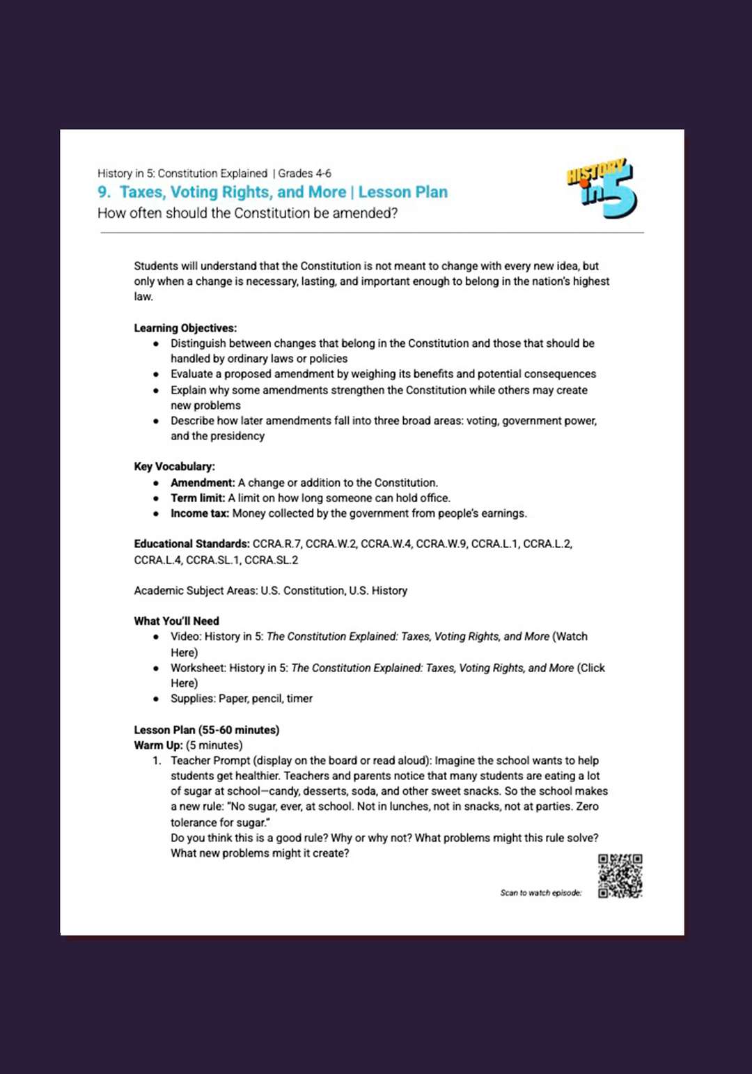 "History in 5: Constitution Explained: Voting Rights, Taxes, and More" Lesson Plan