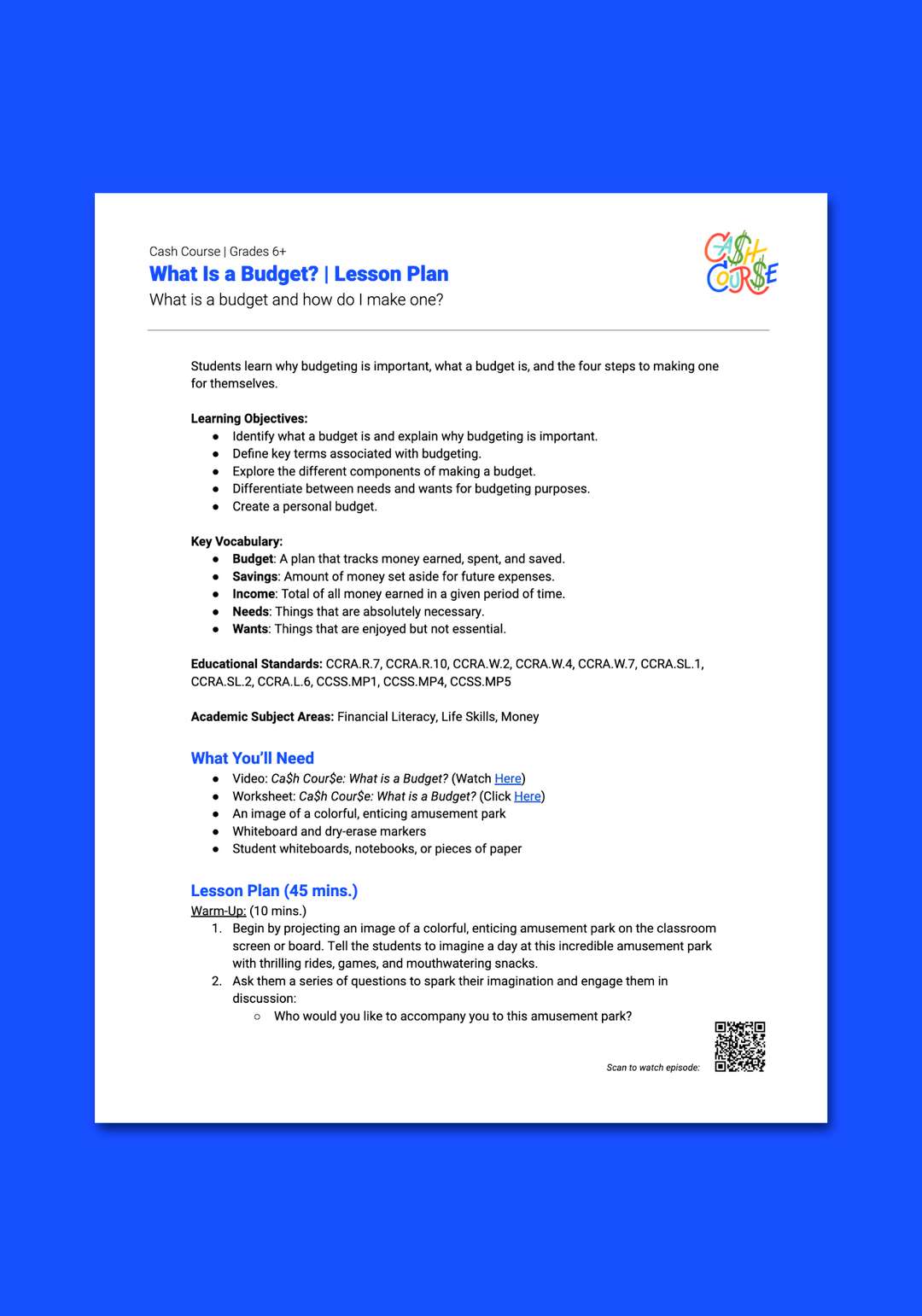 "Cash Course: What Is a Budget?" Lesson Plan