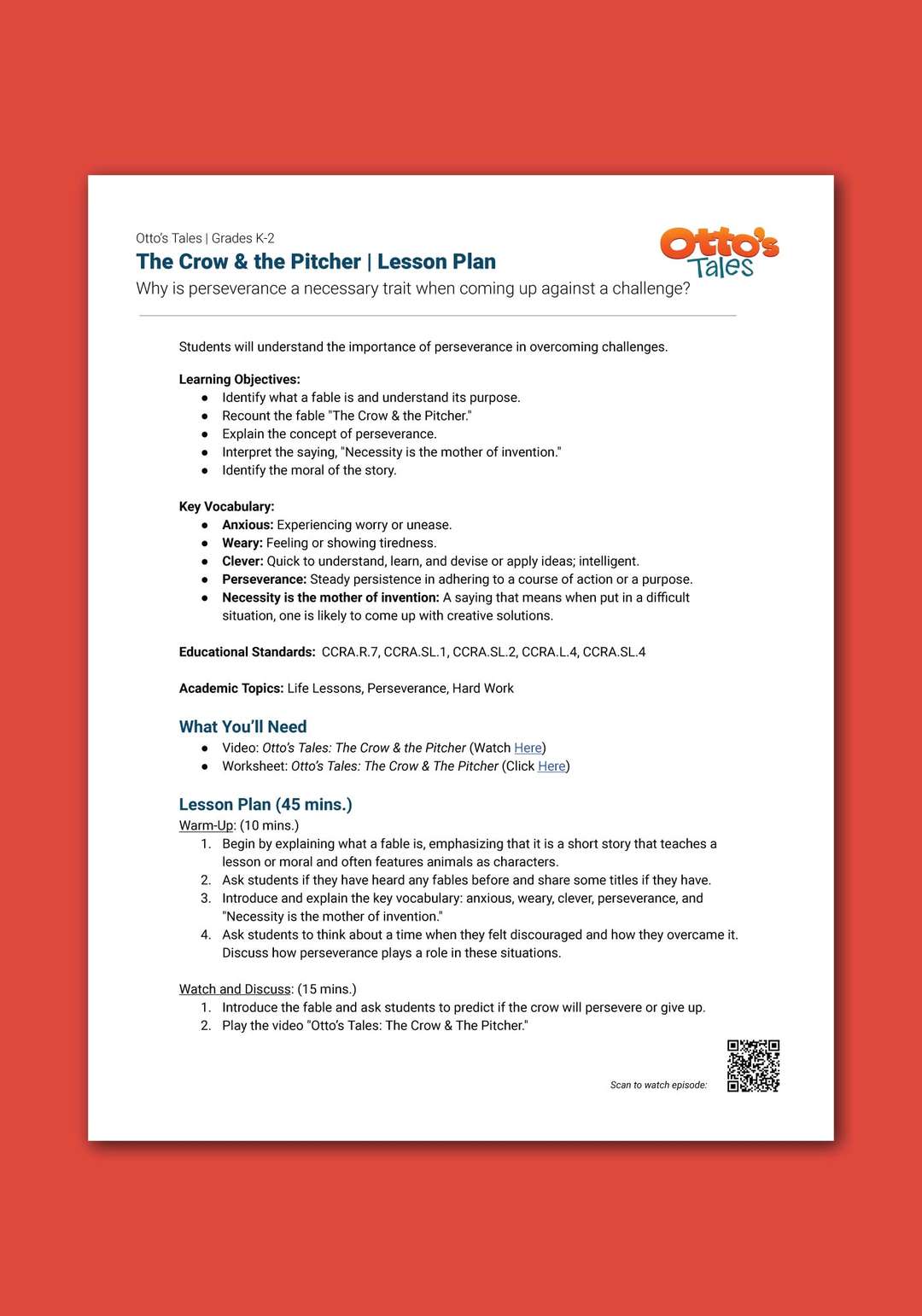 "Otto's Tales: The Crow & the Pitcher" Lesson Plan