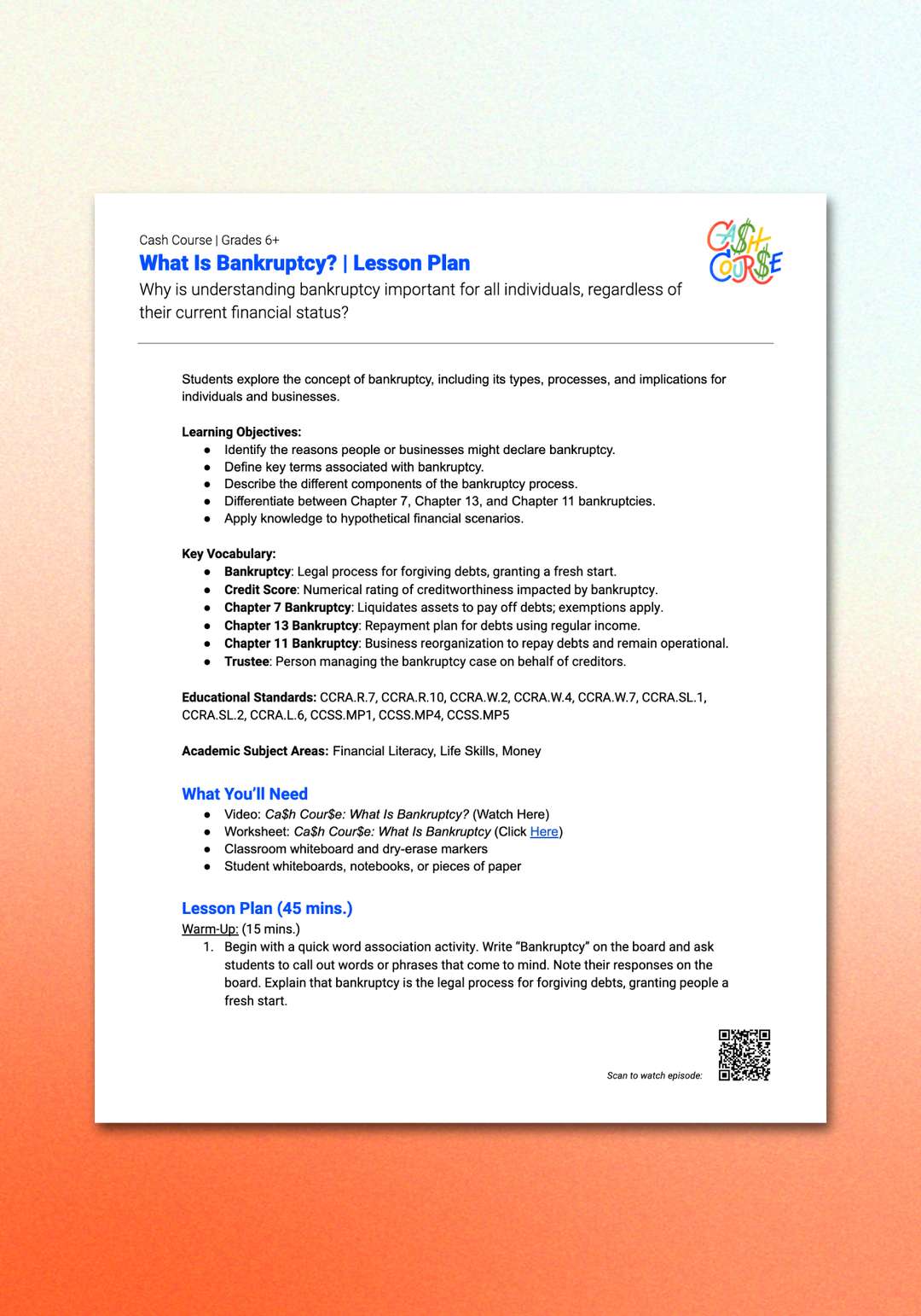 "Cash Course: What Is Bankruptcy?" Lesson Plan