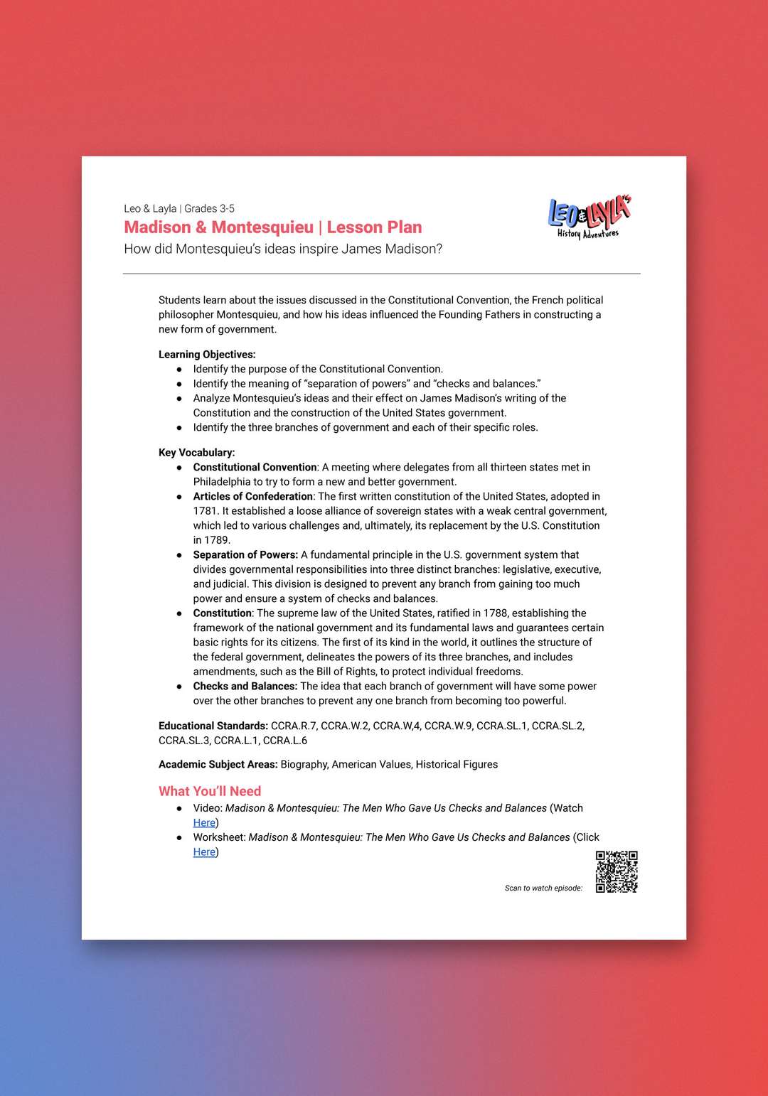 "Leo & Layla: Madison & Montesquieu" Lesson Plan