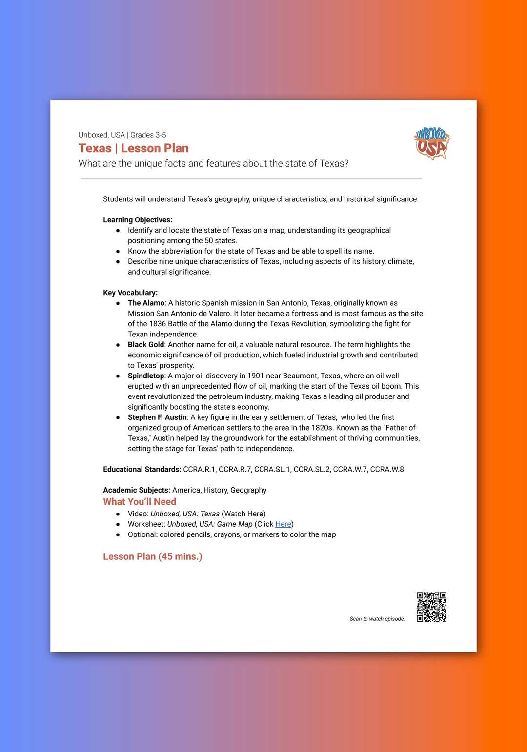 "Unboxed, USA: Texas" Lesson Plan