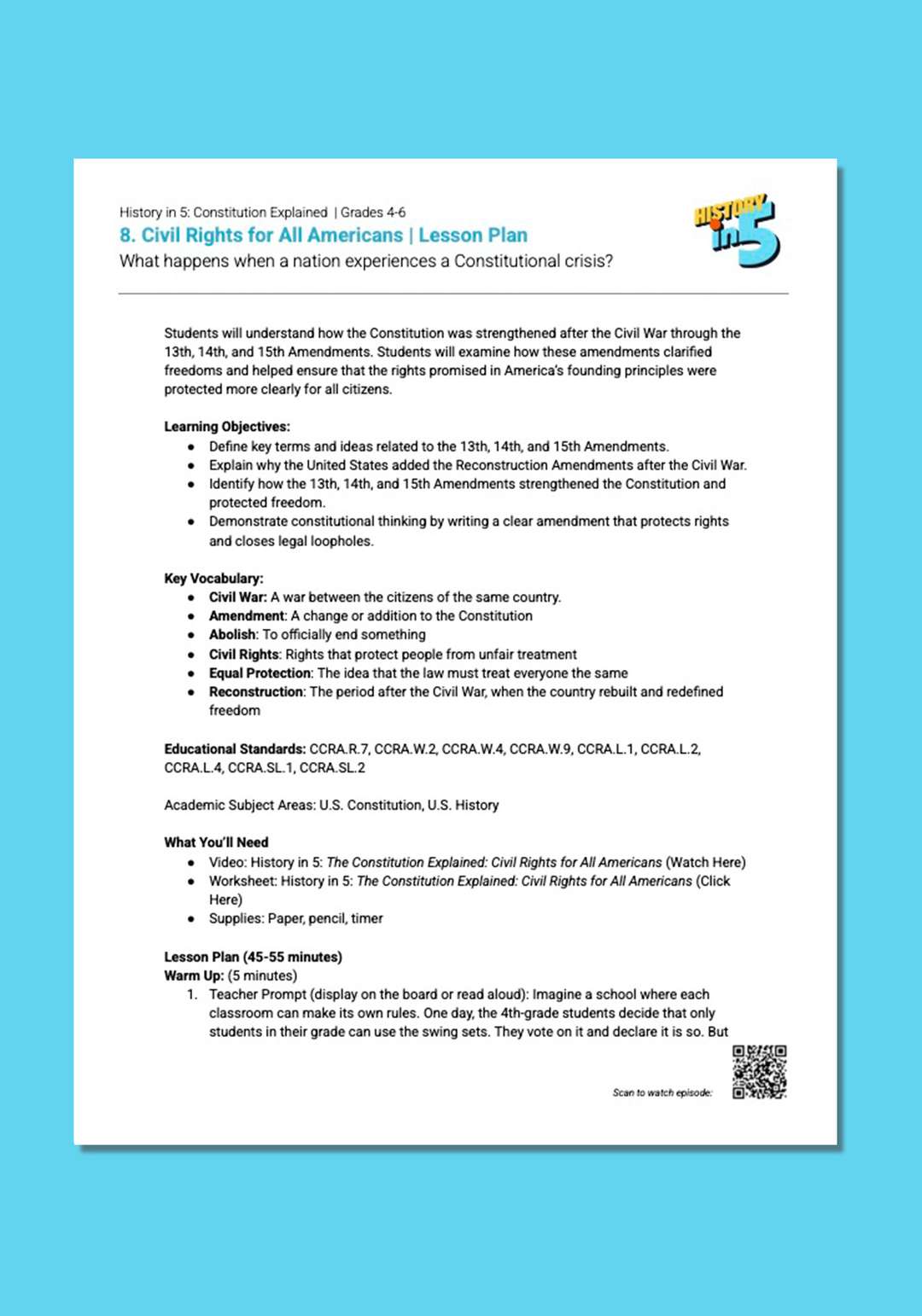 "History in 5: Constitution Explained: Civil Rights for All Americans" Lesson Plan