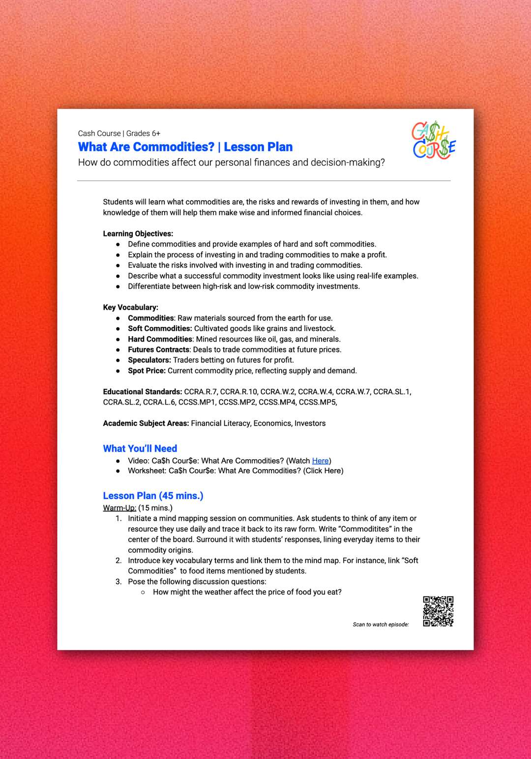 "Cash Course: What Are Commodities?" Lesson Plan