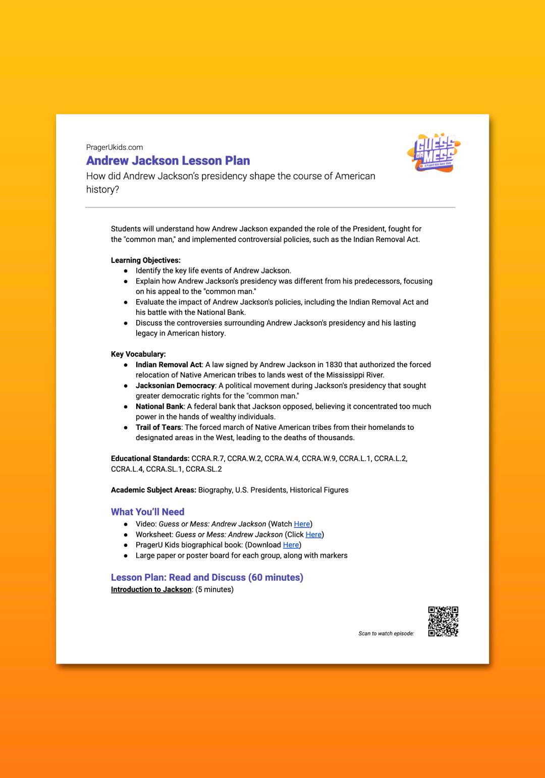 "Guess or Mess: Andrew Jackson" Lesson Plan