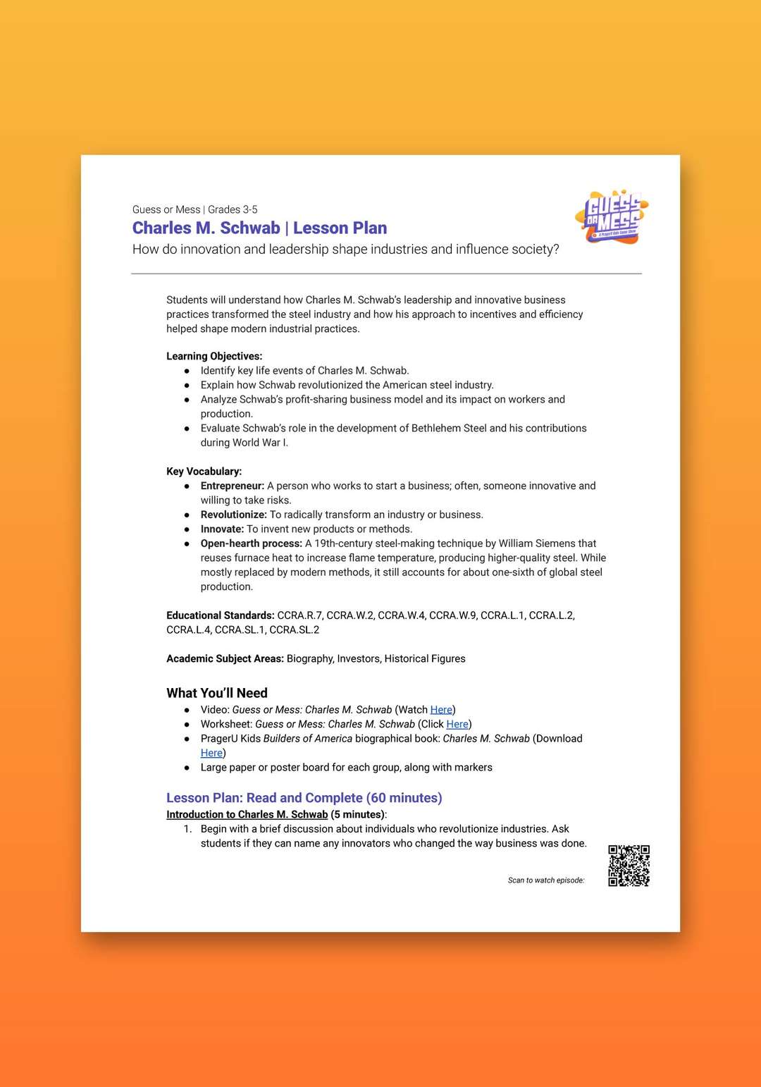 "Guess or Mess: Charles M. Schwab" Lesson Plan