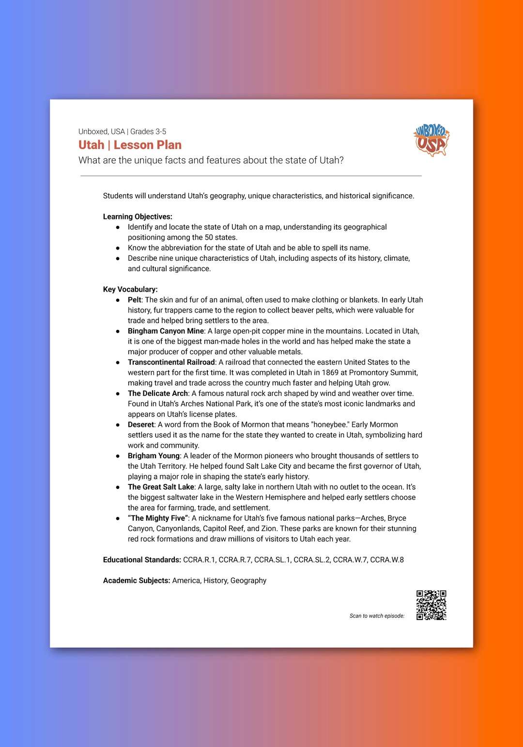 "Unboxed, USA: Utah" Lesson Plan