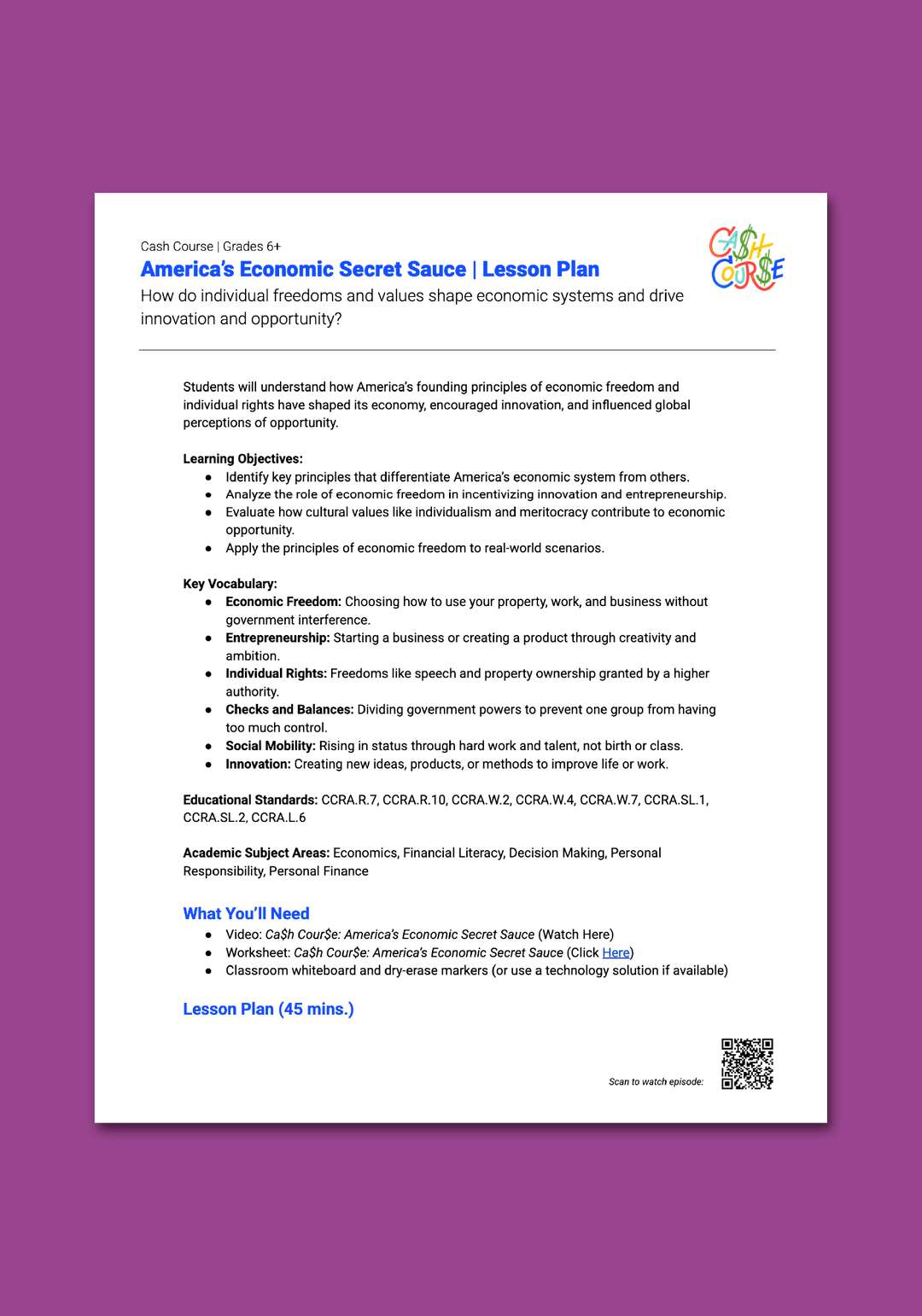 "Cash Course: America's Economic Secret Sauce" Lesson Plan