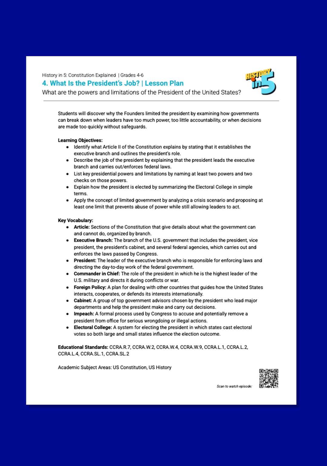 "History in 5: Constitution Explained—What Is the President's Job?" Lesson Plan