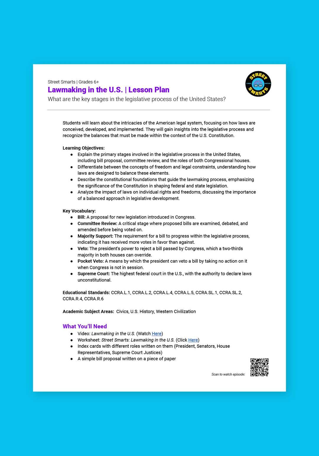 "Street Smarts: Lawmaking in the U.S." Lesson Plan