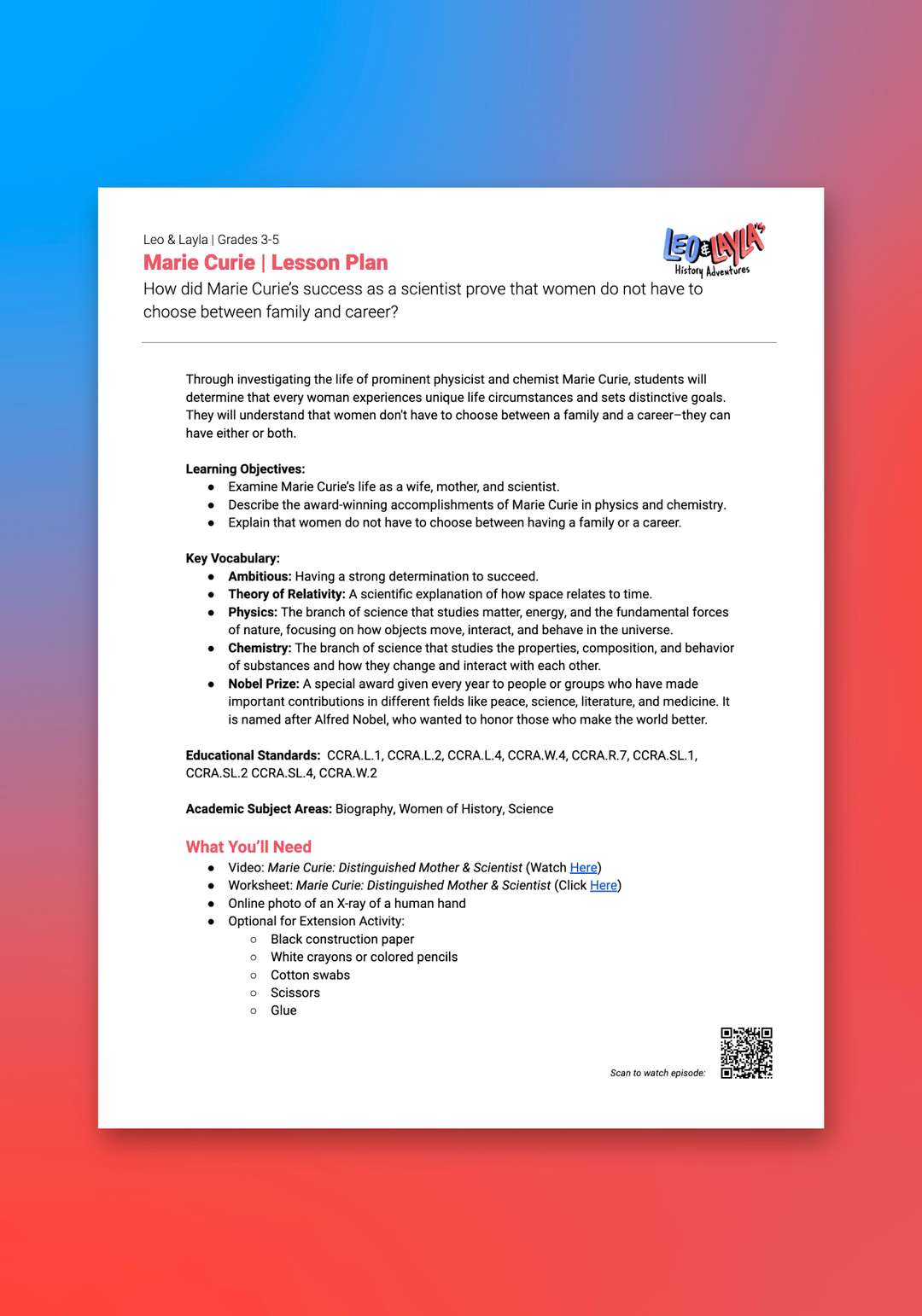 "Leo & Layla: Marie Curie" Lesson Plan