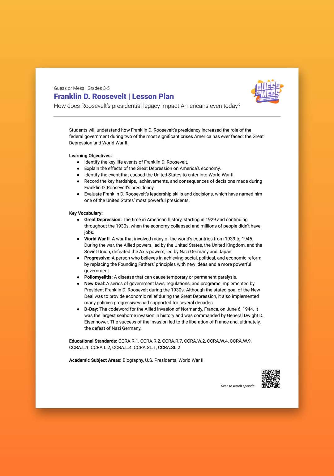 "Guess or Mess: Franklin D. Roosevelt" Lesson Plan