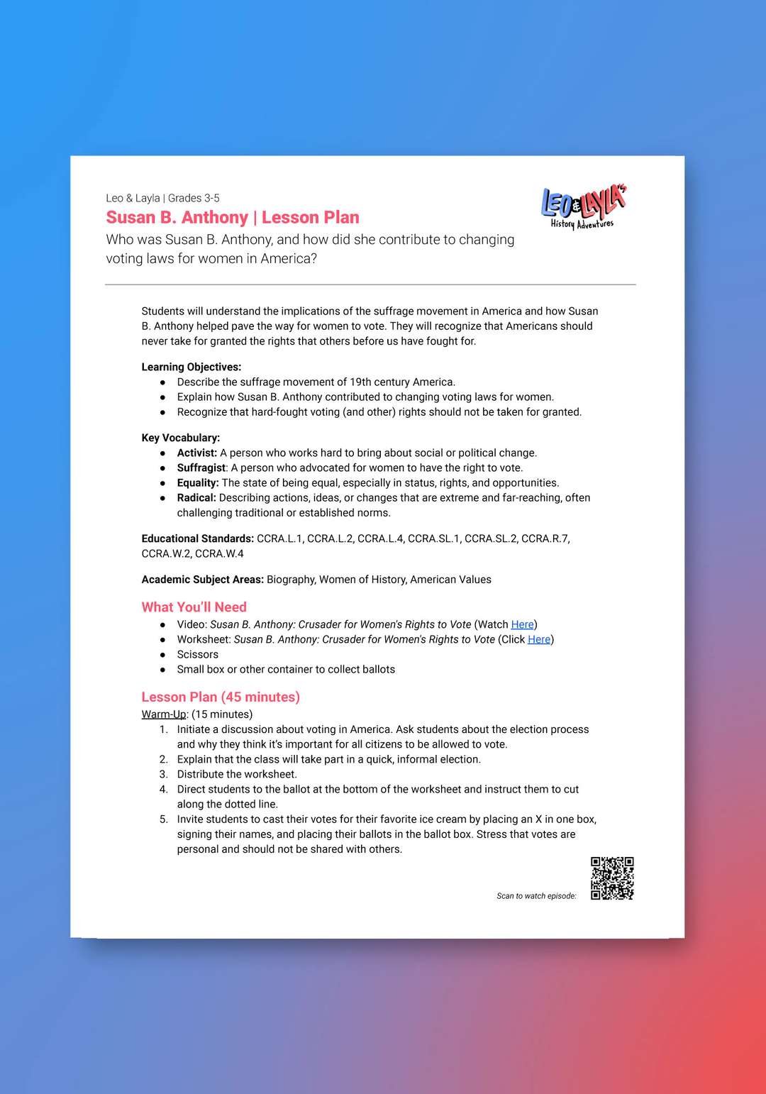 "Leo & Layla: Susan B. Anthony" Lesson Plan