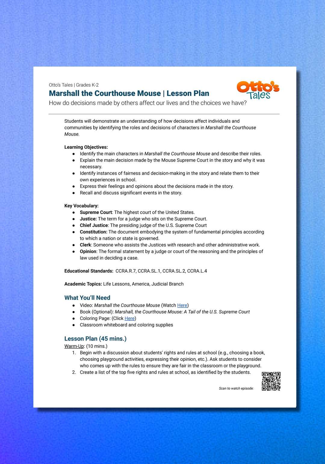 "Otto's Tales: Marshall the Courthouse Mouse" Lesson Plan