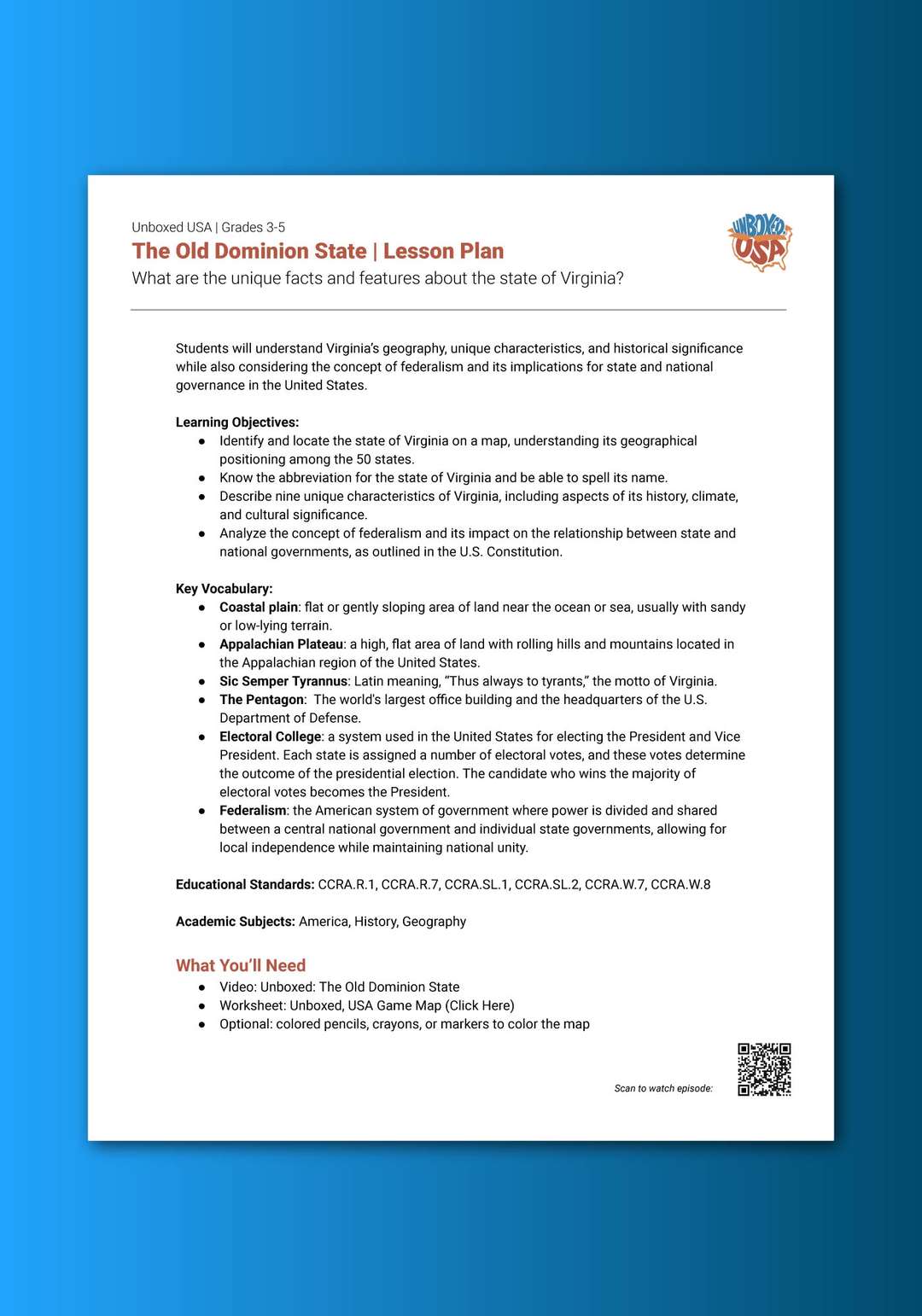 "Unboxed, USA: The Old Dominion State" Lesson Plan