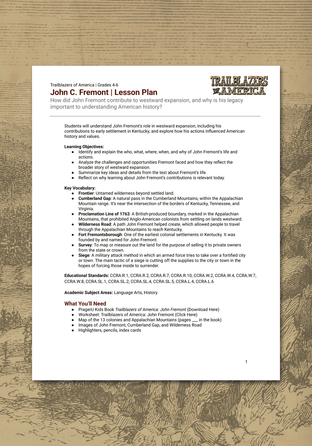 "Trailblazers of America: John C. Fremont" Lesson Plan