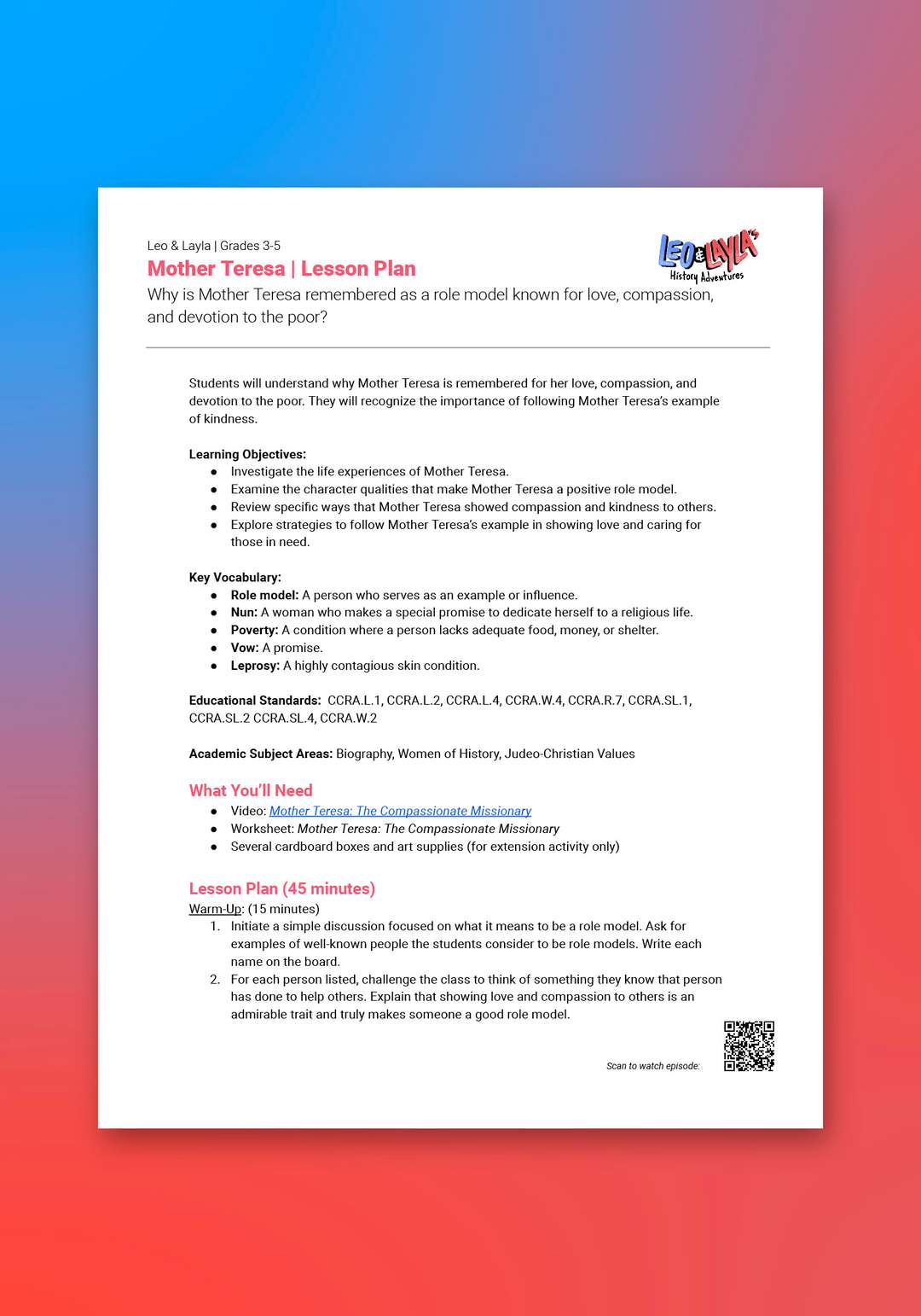 "Leo & Layla: Mother Teresa" Lesson Plan