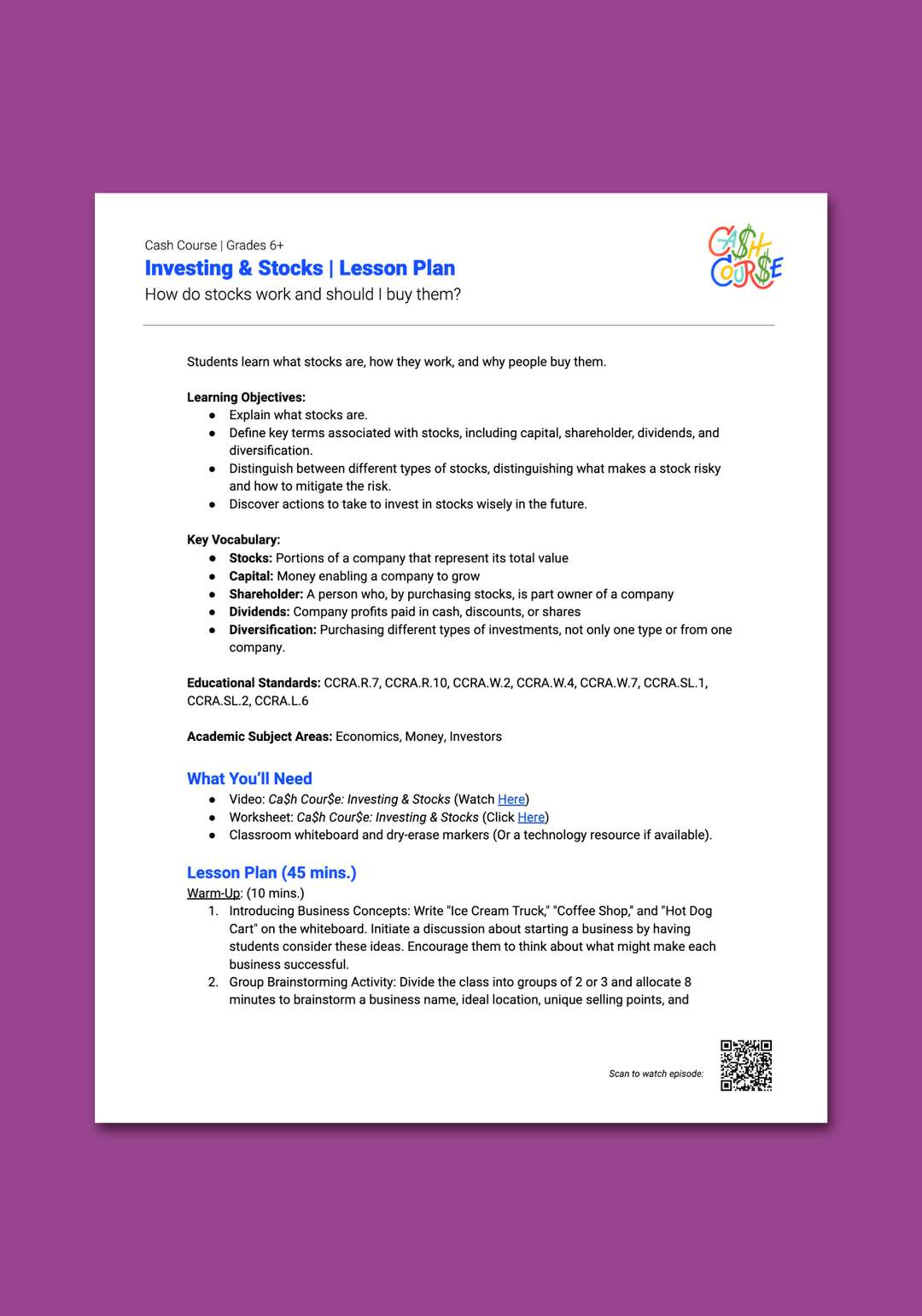 "Cash Course: Investing & Stocks" Lesson Plan