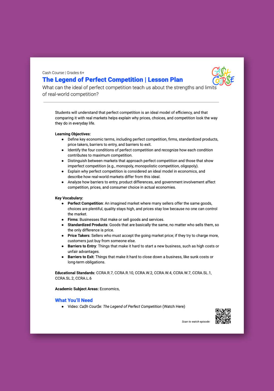 "Cash Course: The Legend of Perfect Competition" Lesson Plan