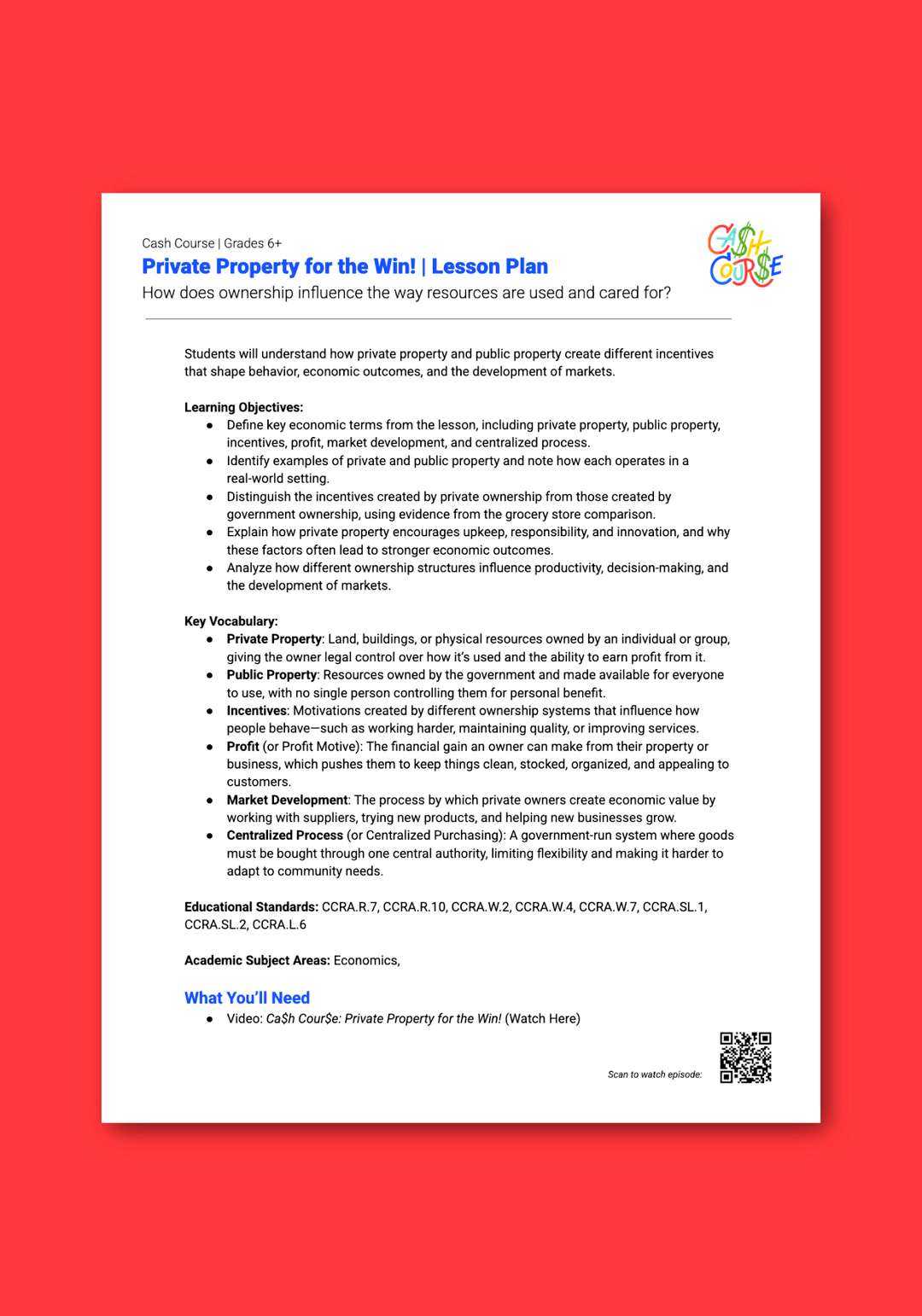 "Cash Course: Private Property for the Win!" Lesson Plan