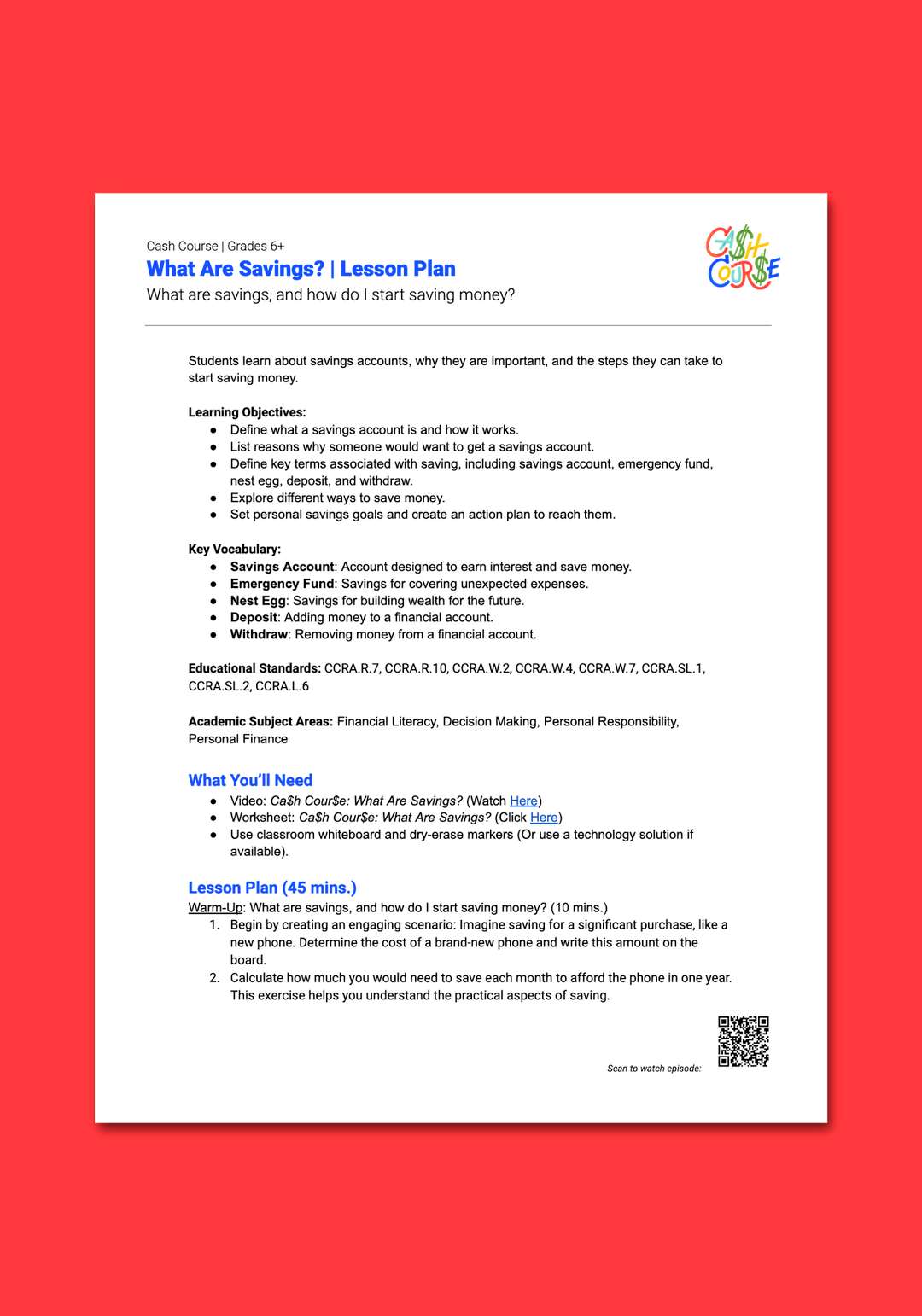"Cash Course: What Are Savings?" Lesson Plan