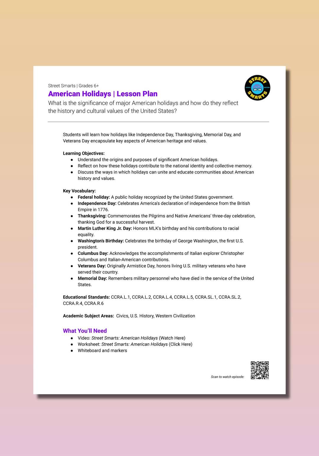 "Street Smarts: American Holidays" Lesson Plan