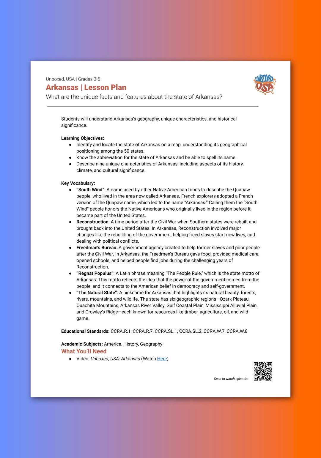"Unboxed, USA: Arkansas" Lesson Plan