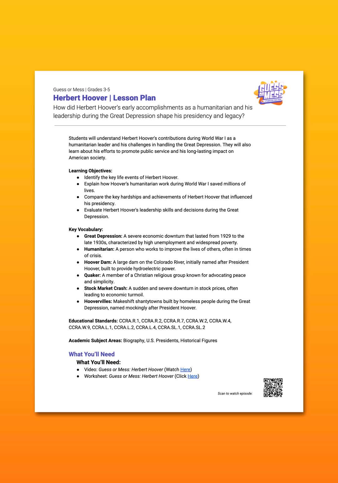 "Guess or Mess: Herbert Hoover" Lesson Plan