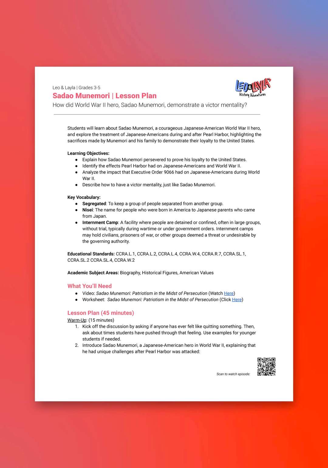 "Leo & Layla: Sadao Munemori" Lesson Plan