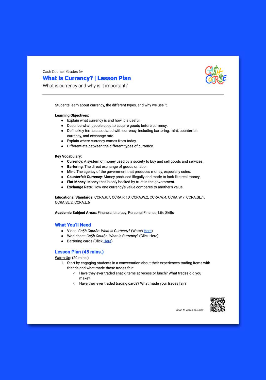 "Cash Course: What Is Currency?" Lesson Plan