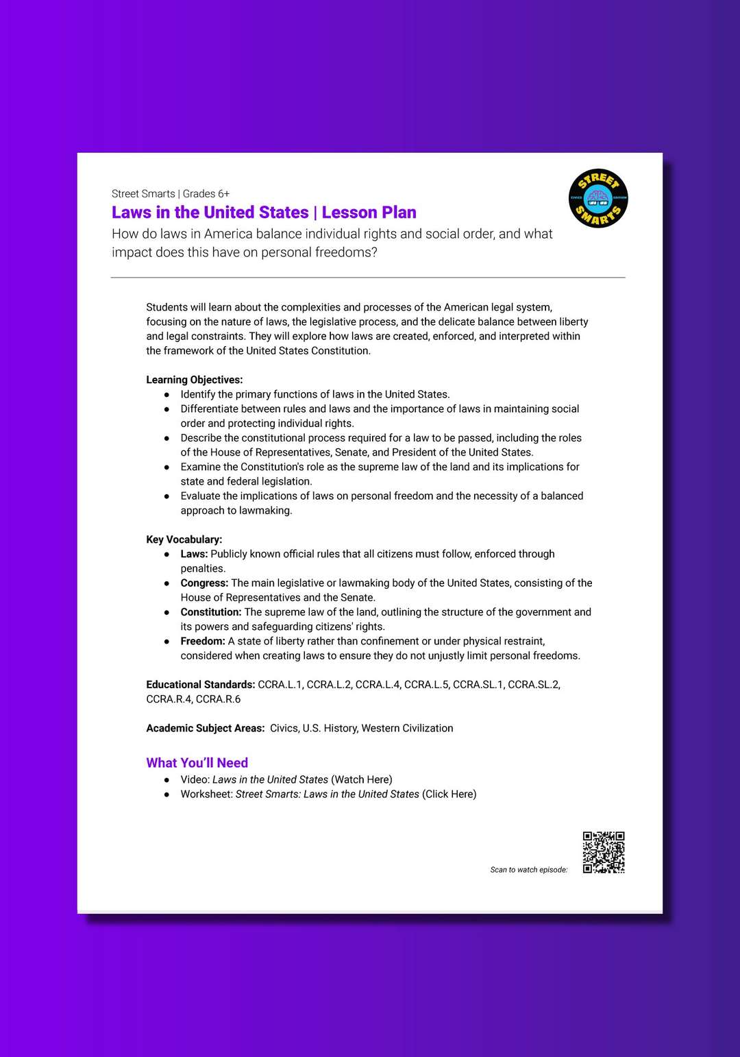 "Street Smarts: Laws in the United States" Lesson Plan