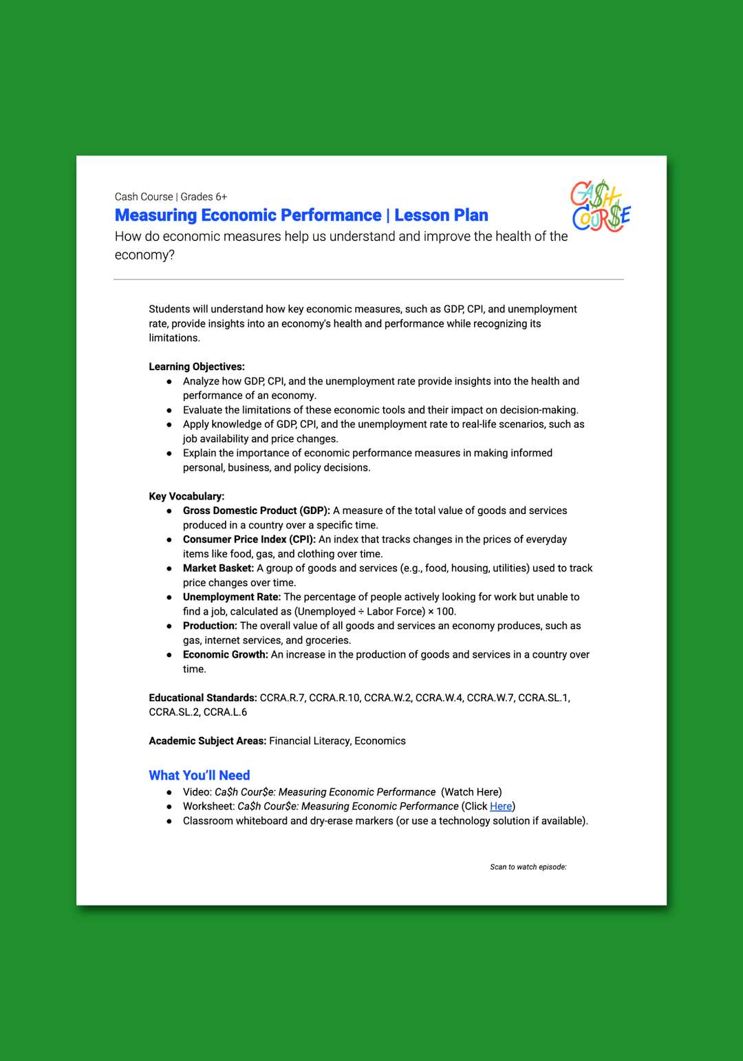 "Cash Course: Measuring Economic Performance" Lesson Plan