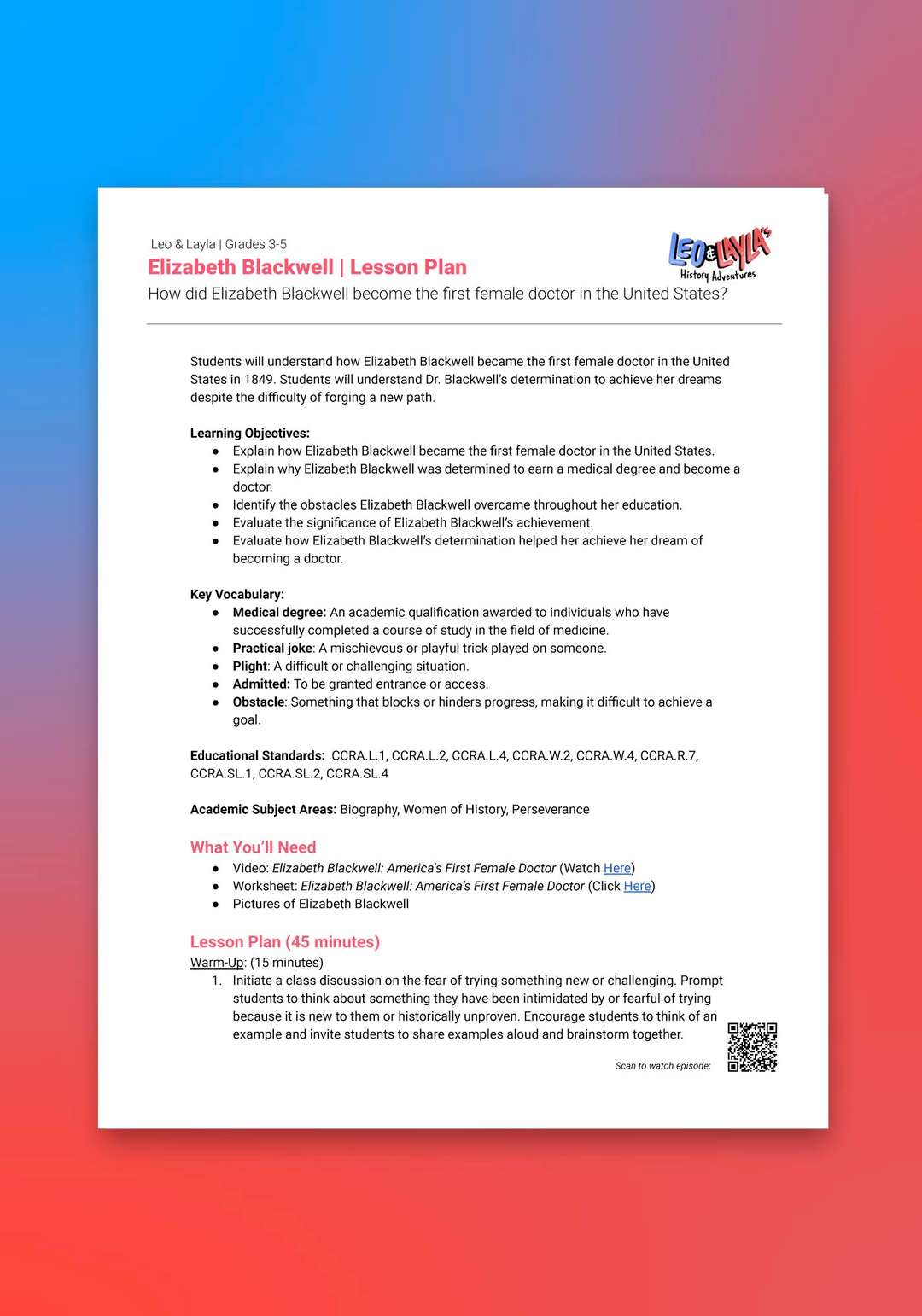 "Leo & Layla: Elizabeth Blackwell" Lesson Plan