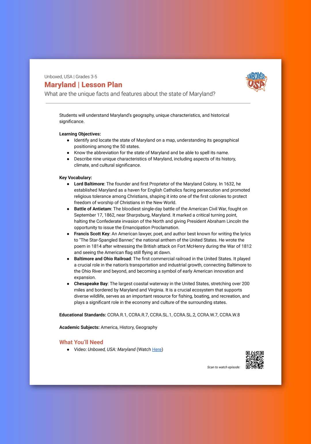 "Unboxed, USA: Maryland" Lesson Plan