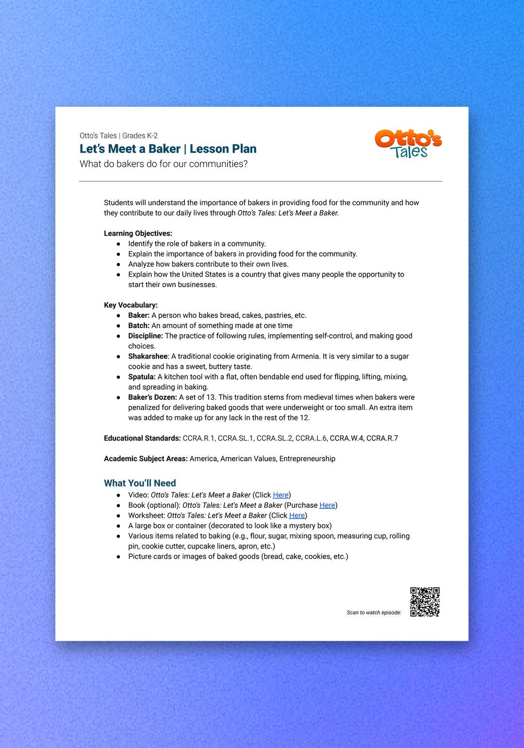 "Otto's Tales: Let's Meet a Baker" Lesson Plan