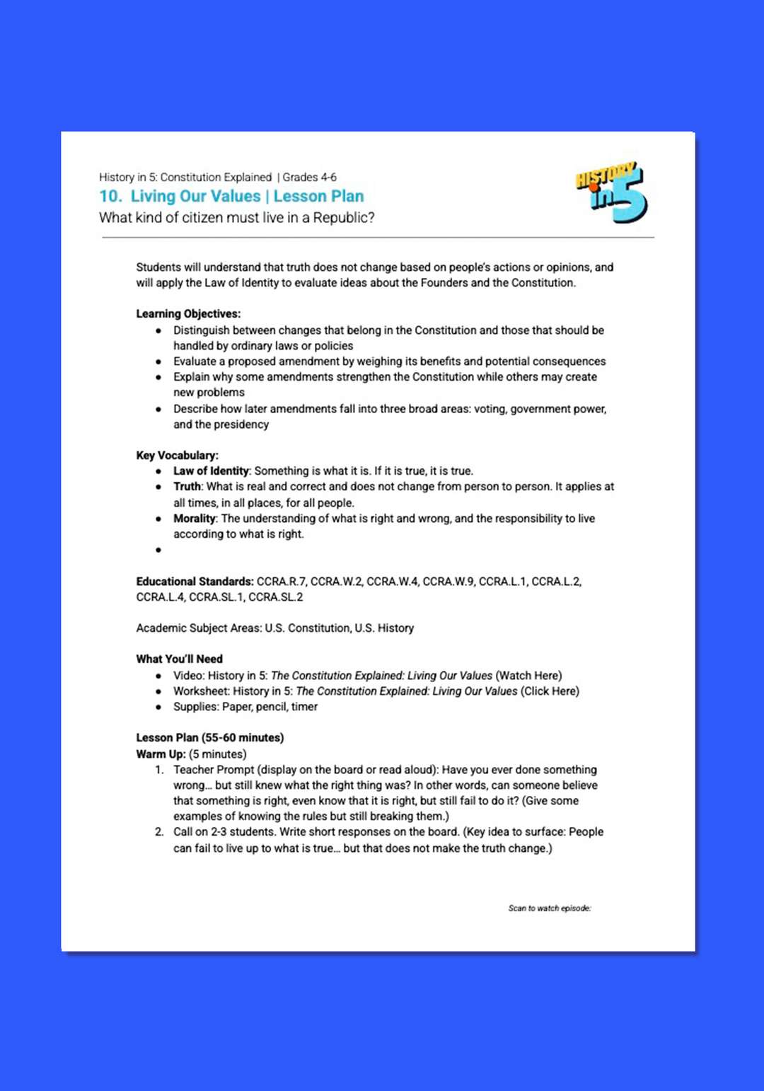 "History in 5: Constitution Explained: Living Our Values" Lesson Plan