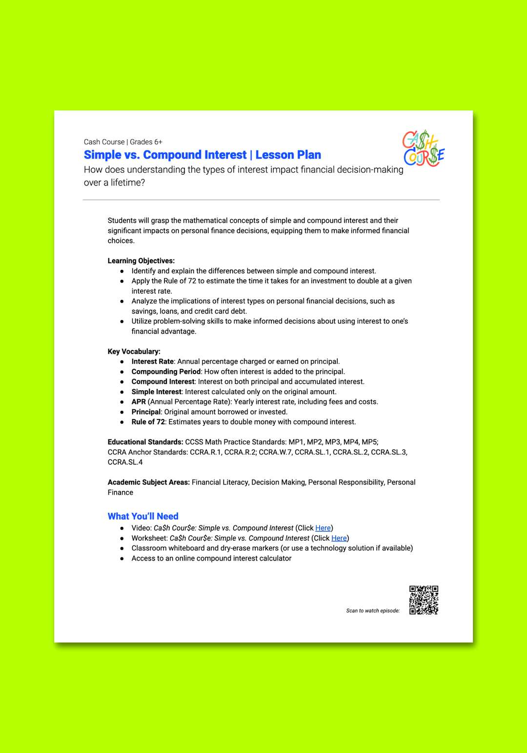 "Cash Course: Simple vs. Compound Interest" Lesson Plan