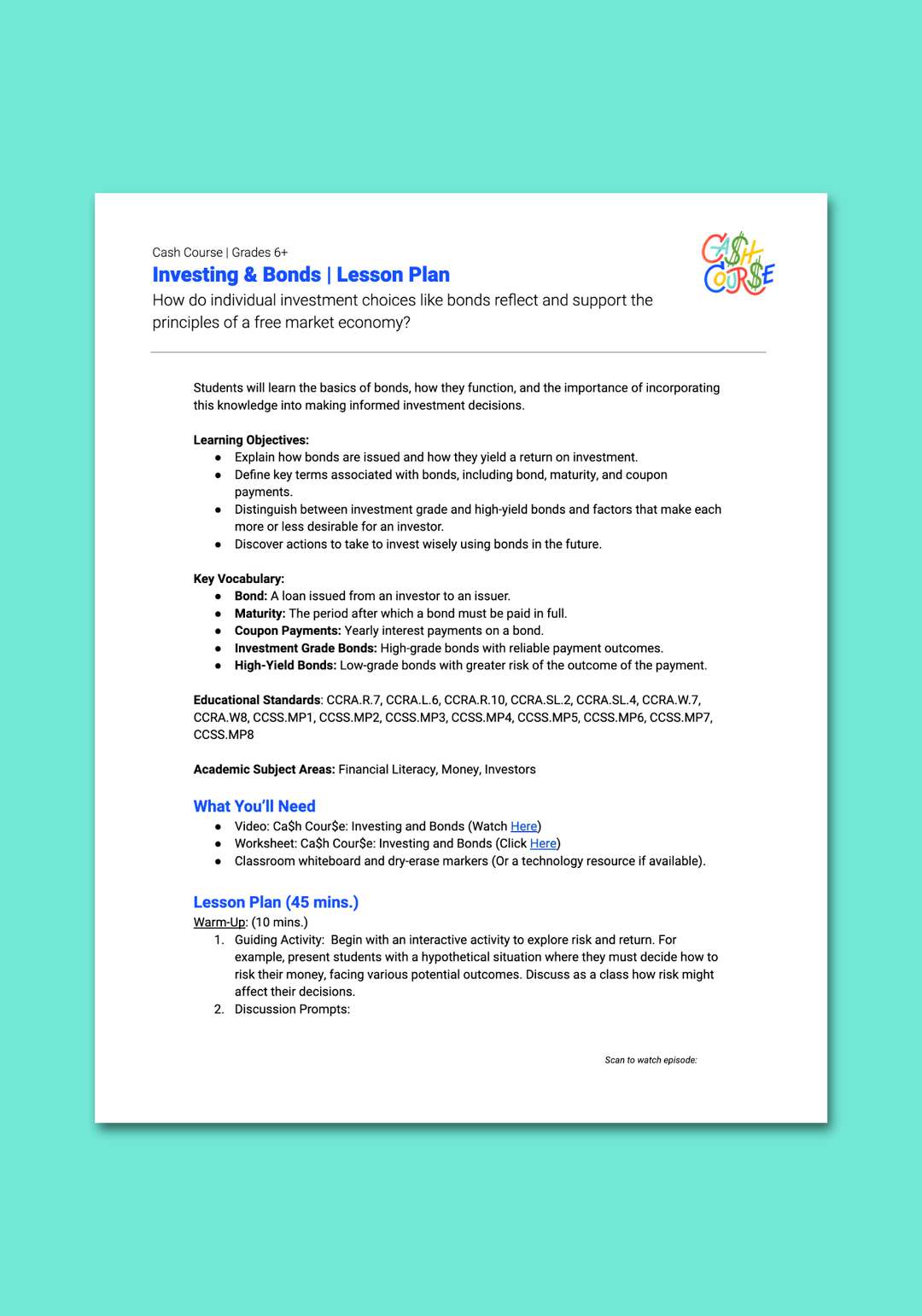 "Cash Course: Investing & Bonds" Lesson Plan
