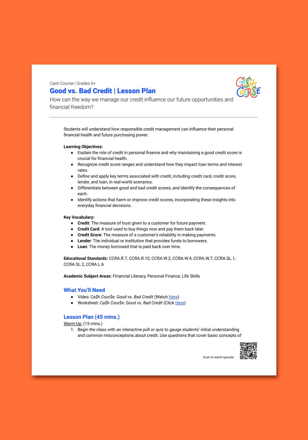"Cash Course: Good vs. Bad Credit" Lesson Plan