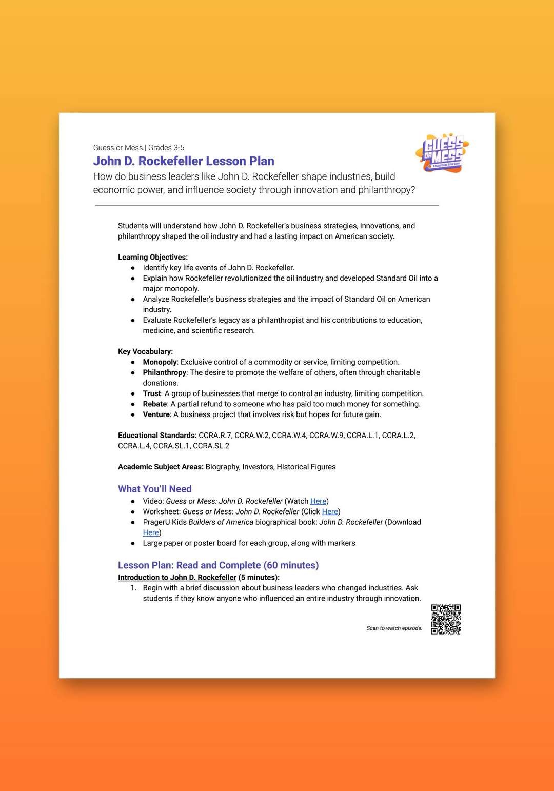 "Guess or Mess: John D. Rockefeller" Lesson Plan
