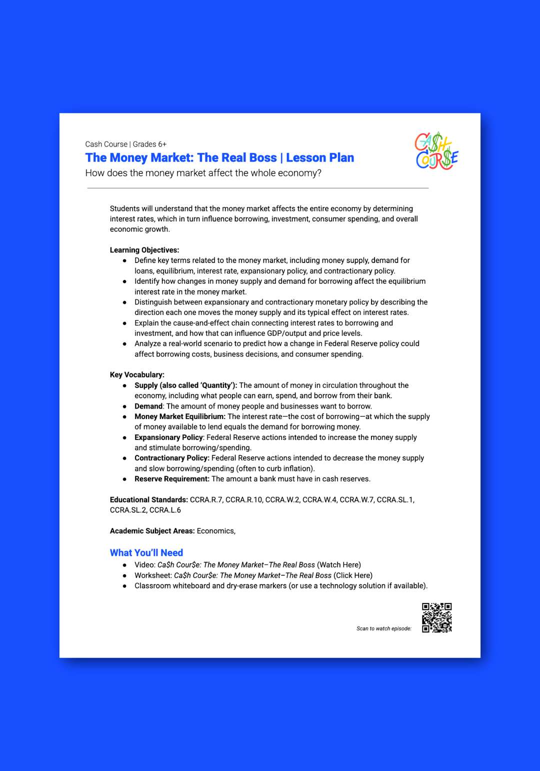 "Cash Course: The Money Market: The Real Boss" Lesson Plan