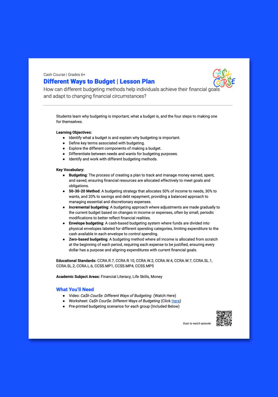 "Cash Course: Different Ways to Budget" Lesson Plan