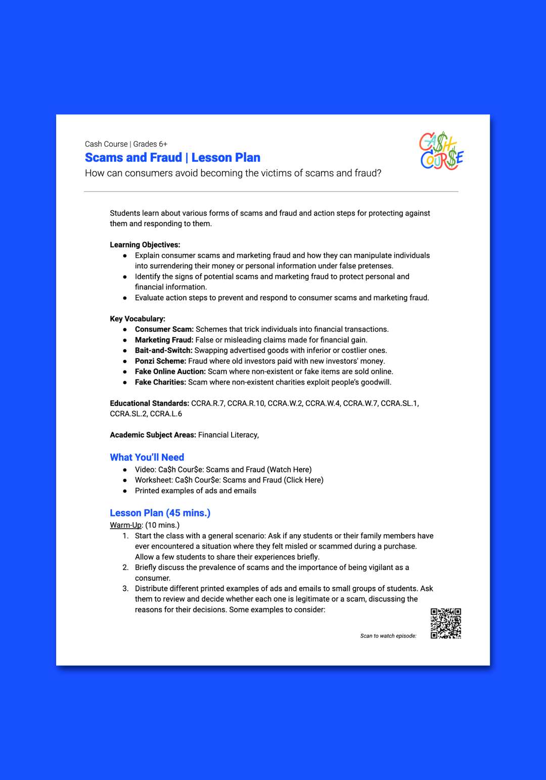 "Cash Course: Scams and Fraud" Lesson Plan