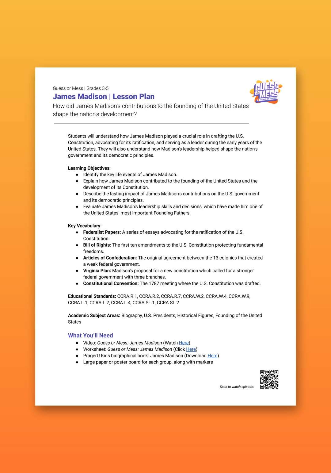 "Guess or Mess: James Madison" Lesson Plan