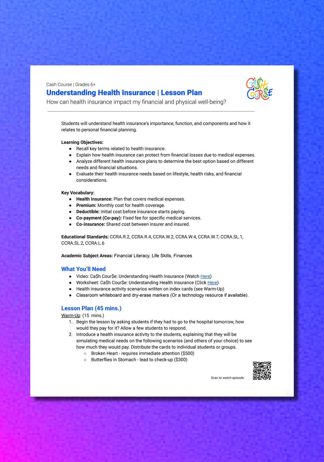 "Cash Course: Understanding Health Insurance" Lesson Plan