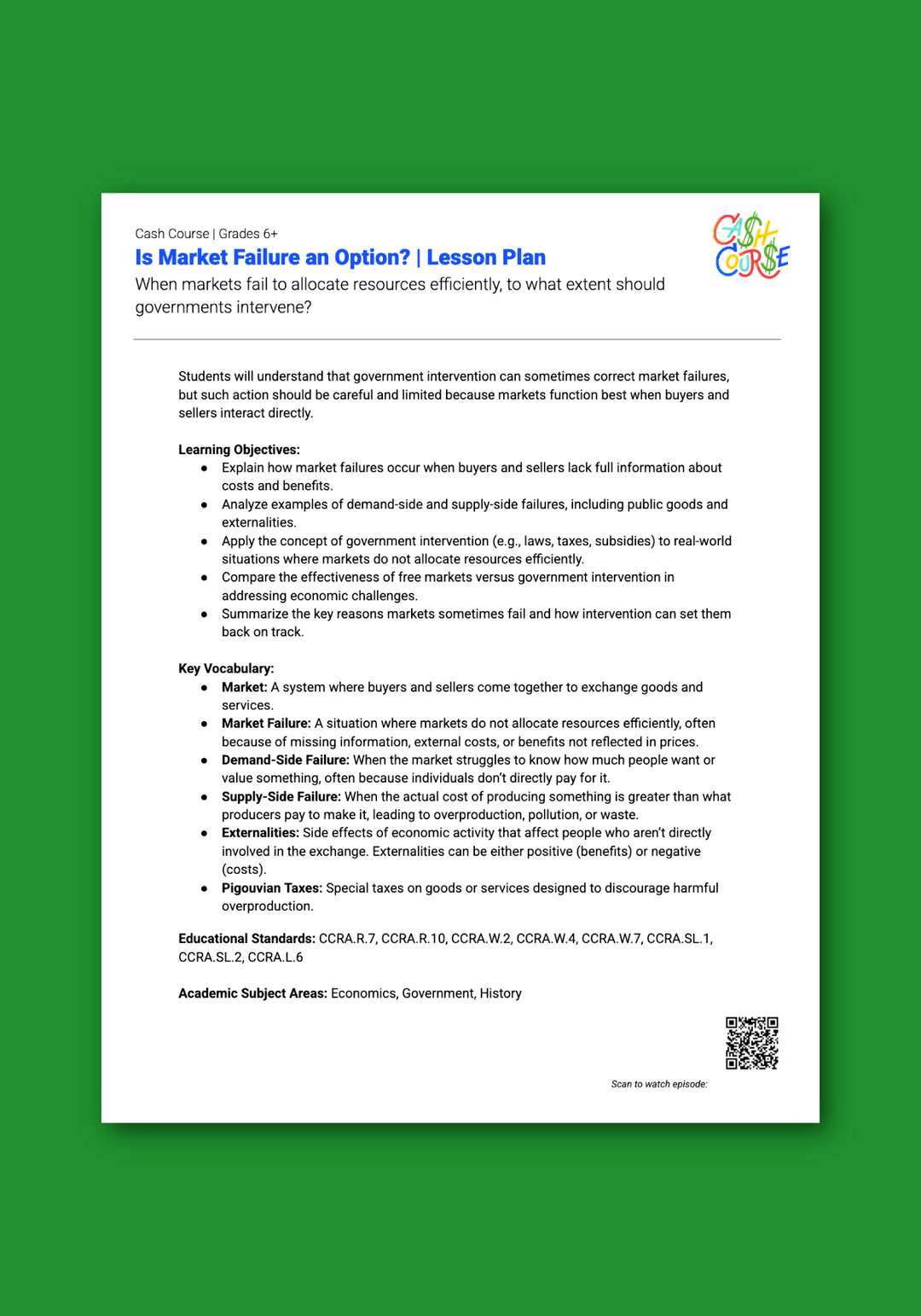 "Cash Course: Is Market Failure an Option?" Lesson Plan