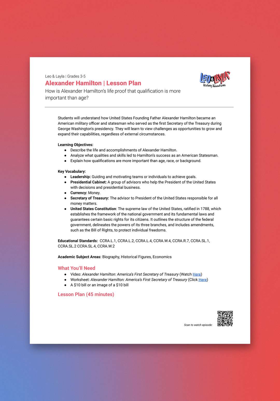 "Leo & Layla: Alexander Hamilton" Lesson Plan