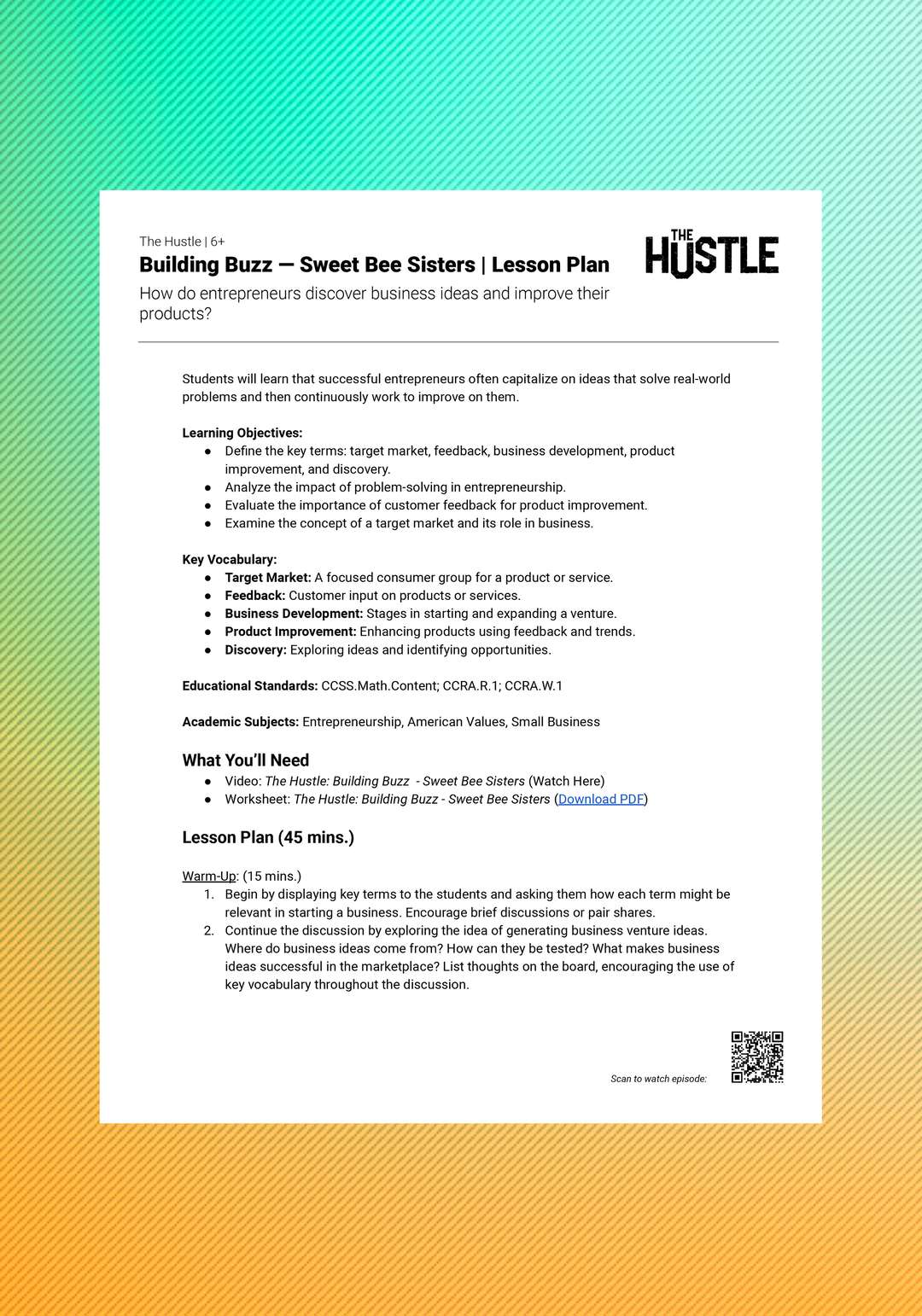 "The Hustle: Building Buzz - The Sweet Bee Sisters" Lesson Plan