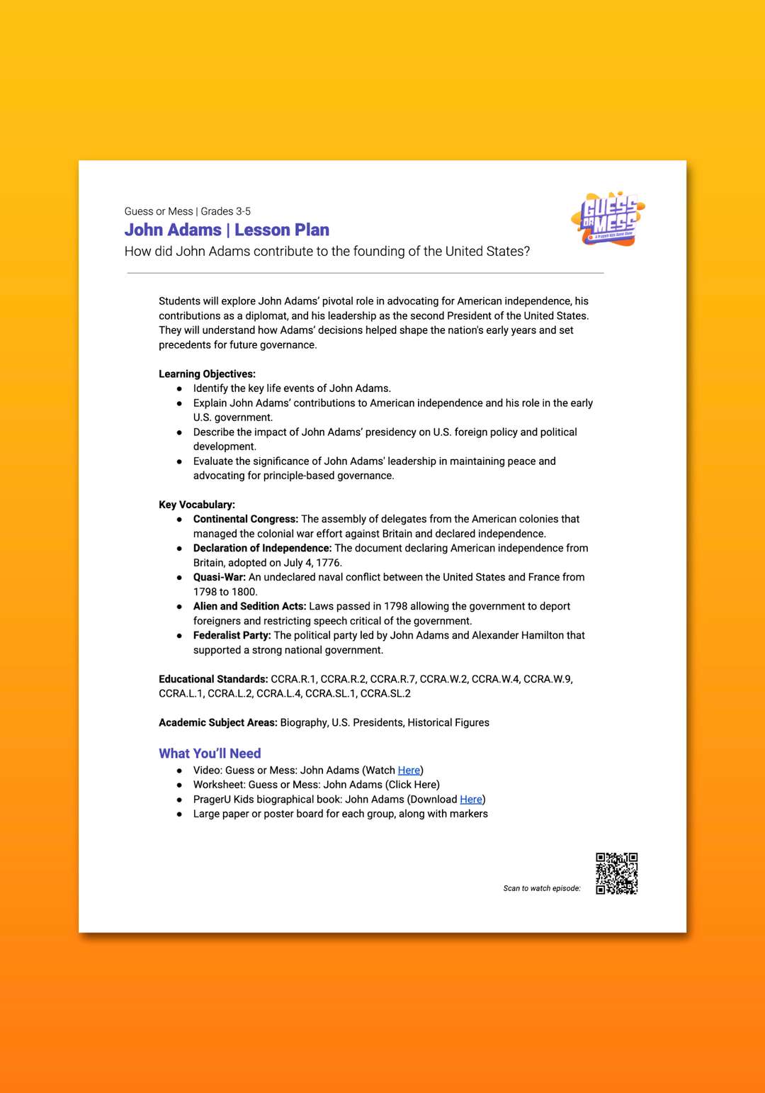 “Guess or Mess: John Adams” Lesson Plan